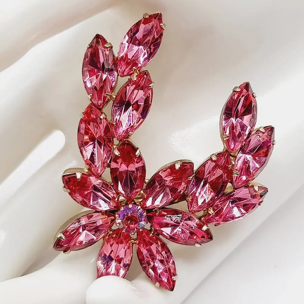 Vintage Pink Rhinestone Floral Spray Brooch AB Center Gold Tone 2.25”
